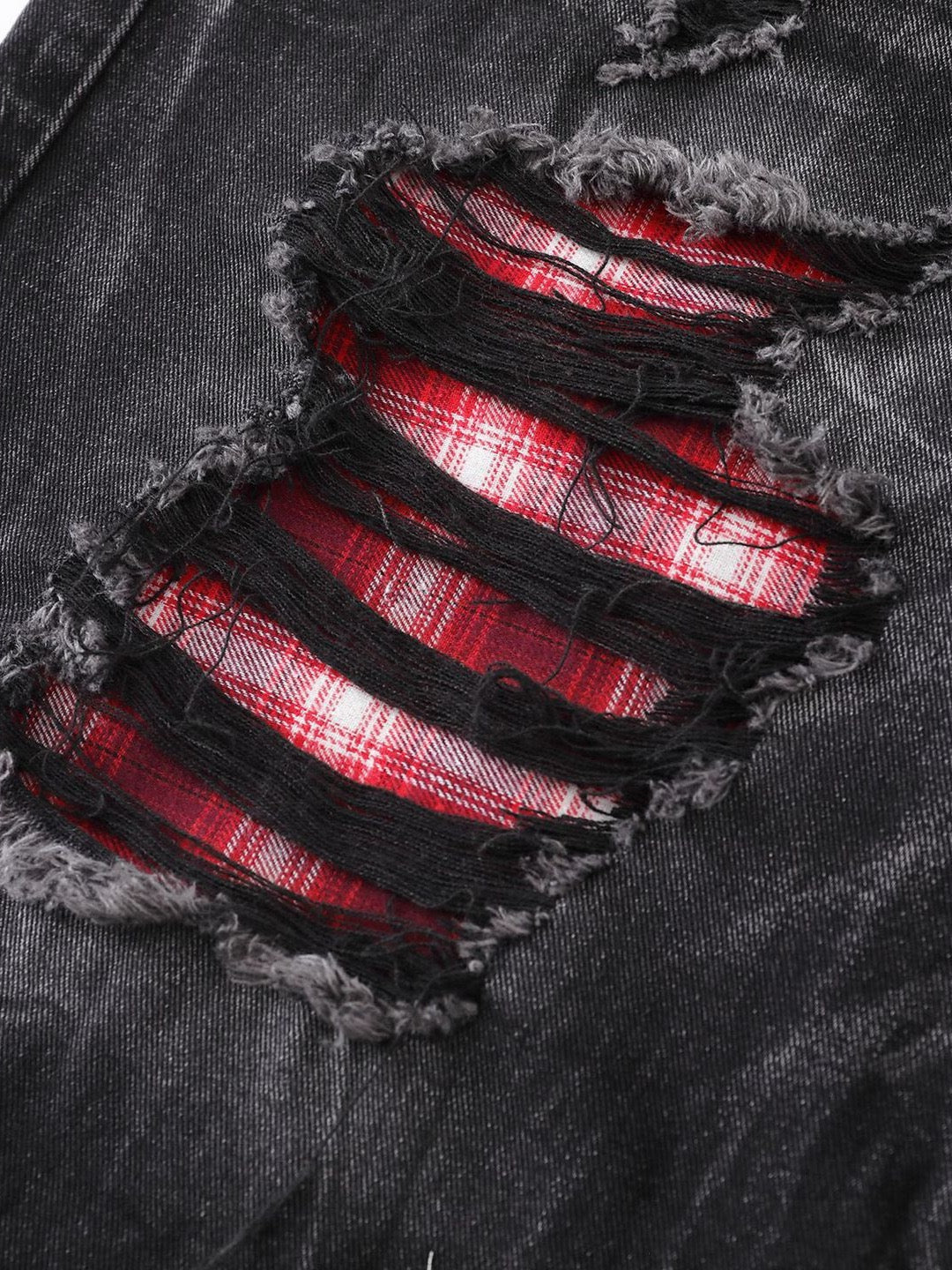 Distressed Ripped Patchwork Plaid Wide-Leg Jeans Loose Straight Shorts