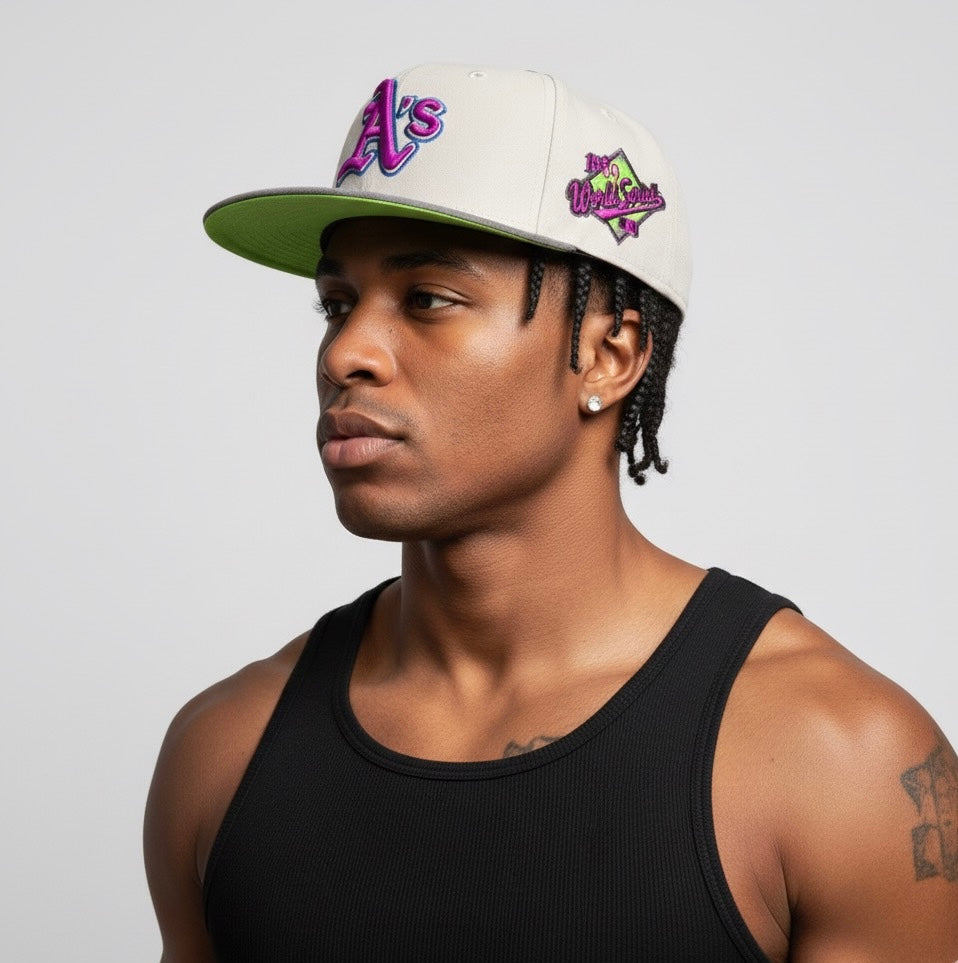 Oakland Athletics baseball cap with a neon green underbrim