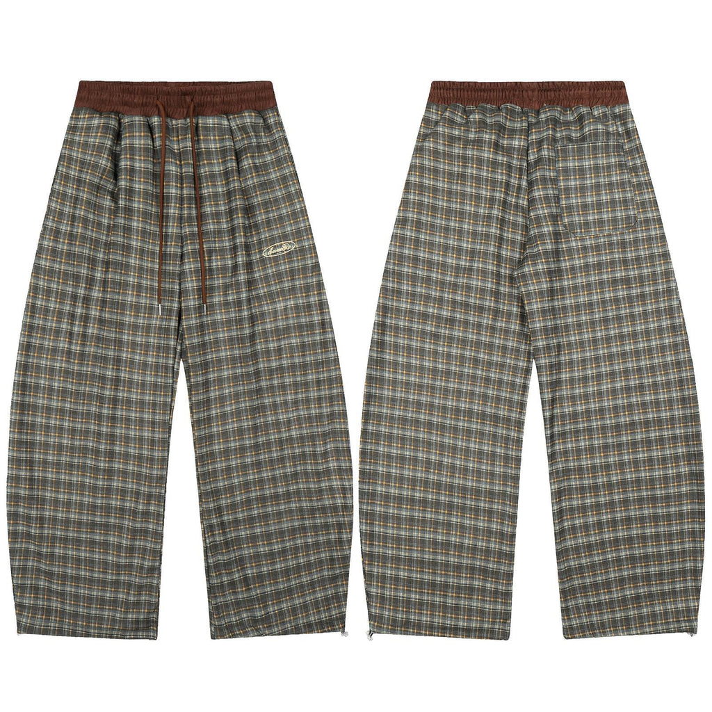 Plaid Trousers Relaxed-fit checkered pants with a brown elastic waistband