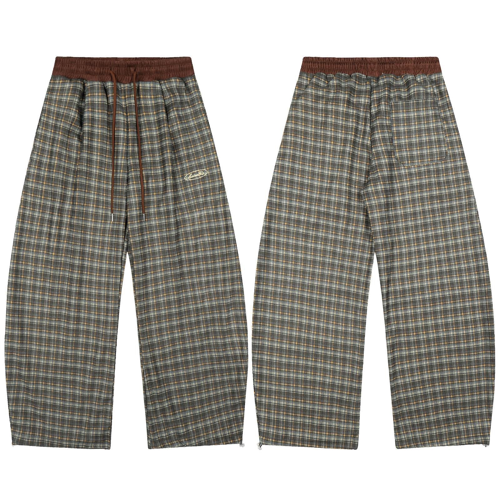Plaid Trousers Relaxed-fit checkered pants with a brown elastic waistband
