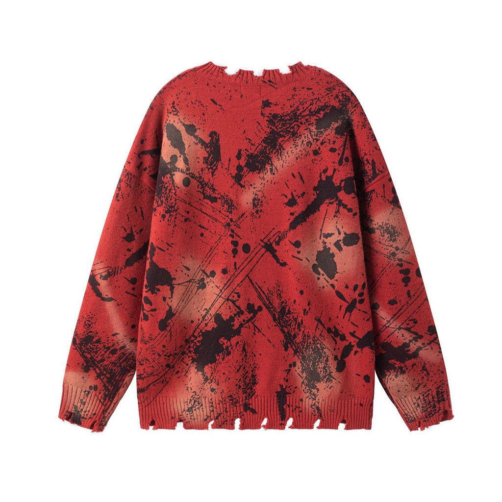 Distressed Red Knit A crewneck sweater with black paint splatter and frayed edges
