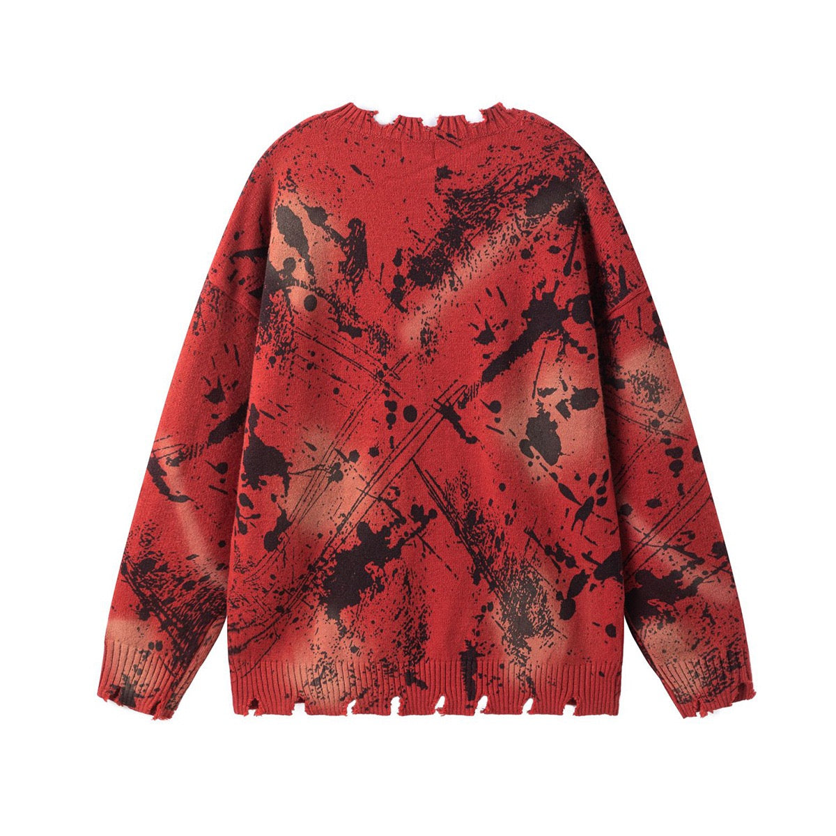 Distressed Red Knit A crewneck sweater with black paint splatter and frayed edges