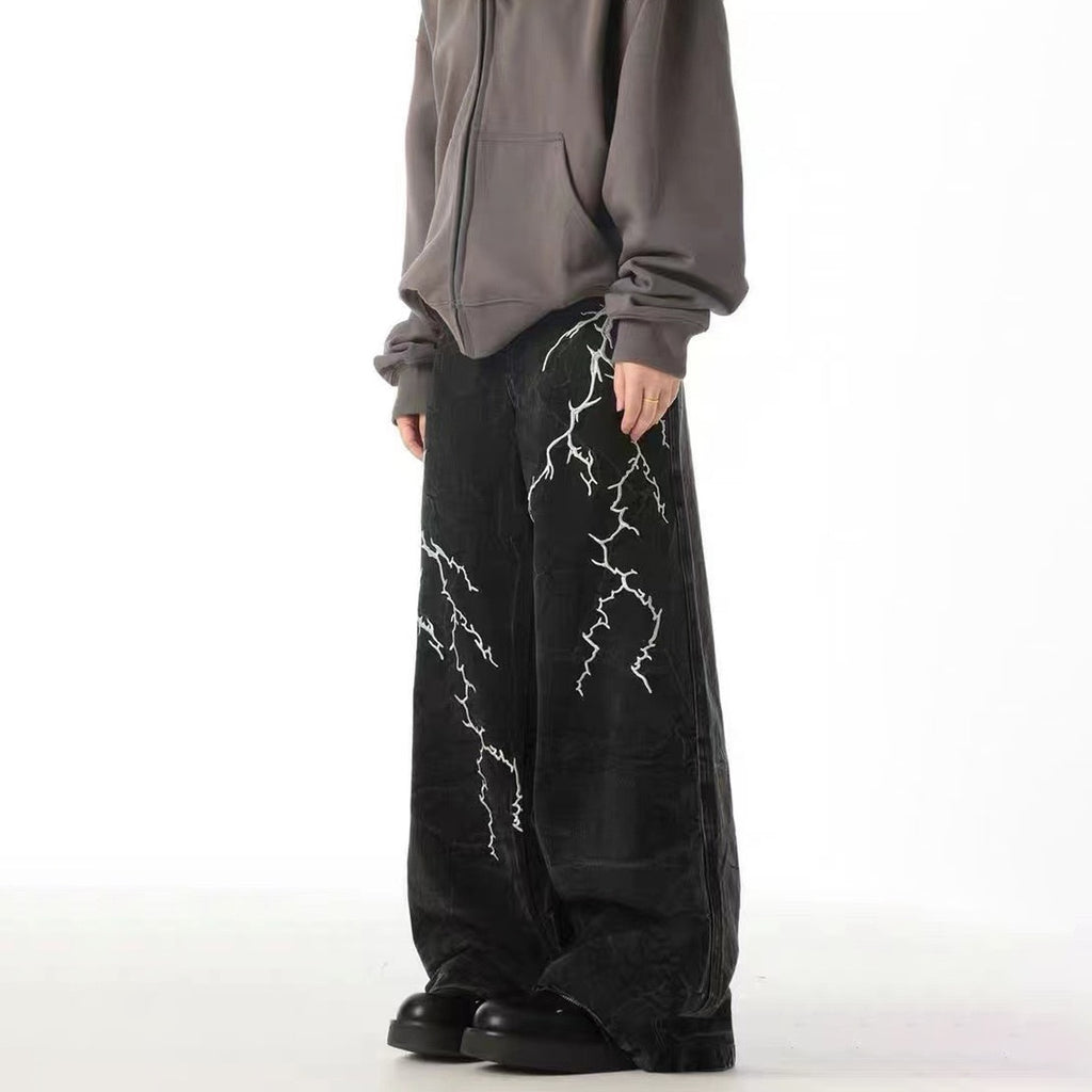 Washed Micro-Lazy Jeans Men's Lightning Embroidered Design Wide Leg Pants