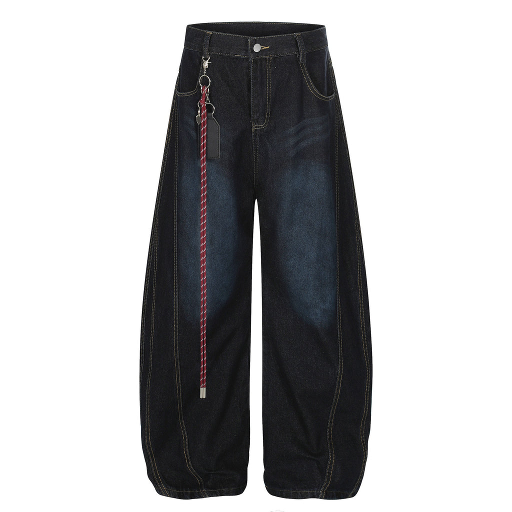 Spray-Painted Loose Denim Scimitar Pants Deconstructed Pendant Design
