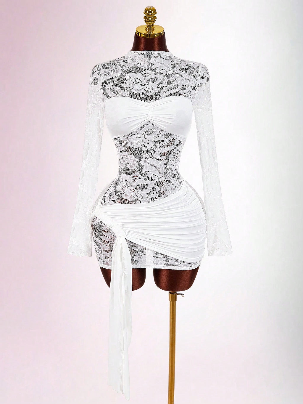 long-sleeve lace-cutout ruched bodycon mini dress