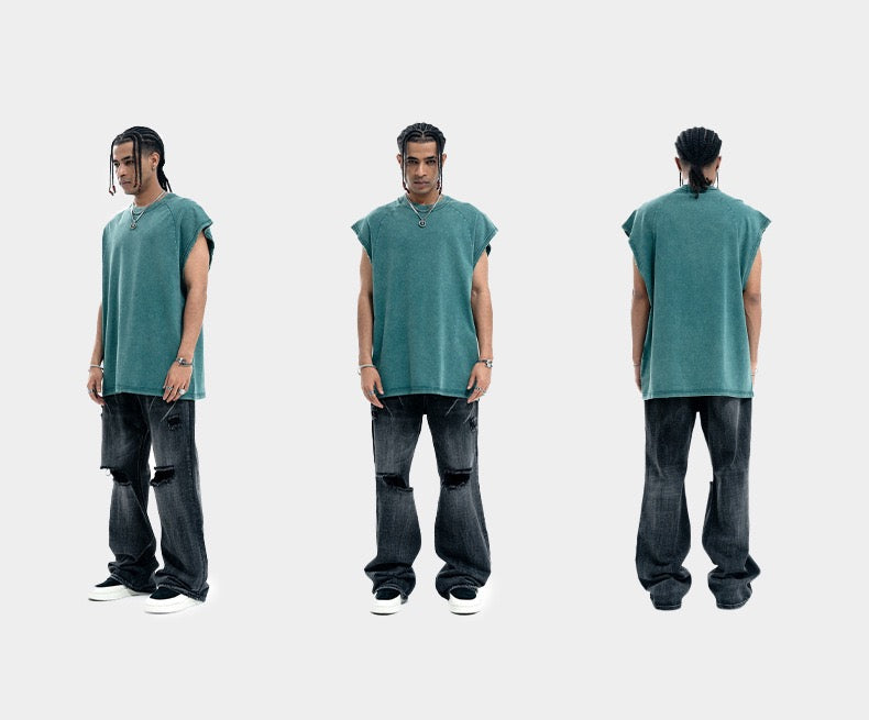 Sleeveless Vest Men's Raw Edge Washed Old Retro Loose T-Shirt