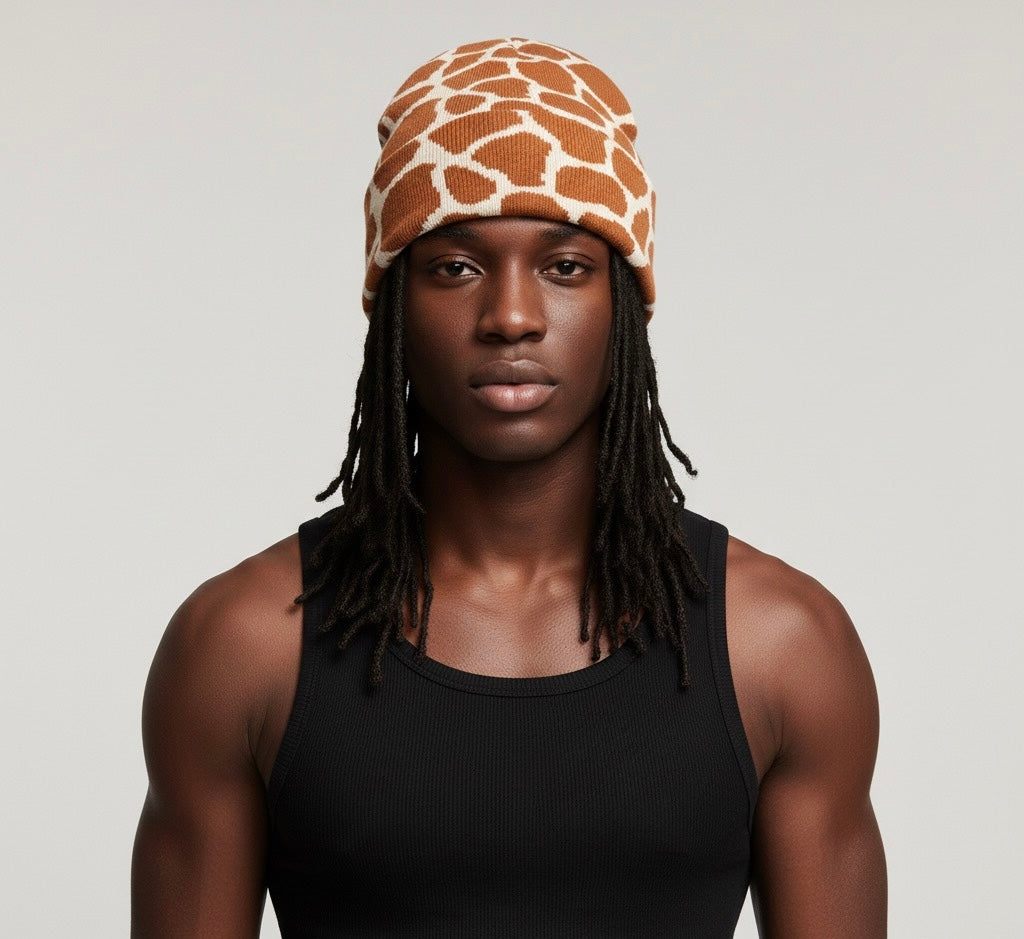 Beanie with giraffe print pattern