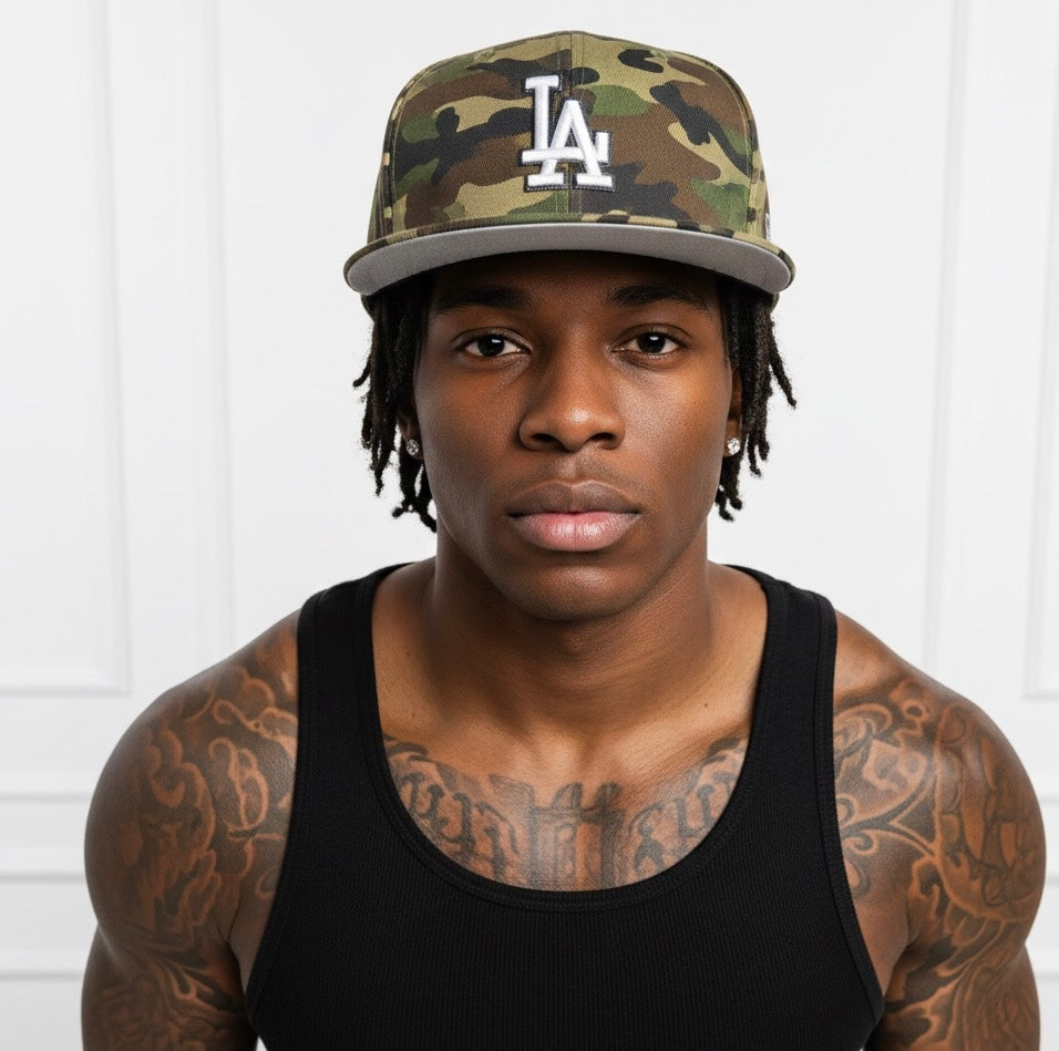 New Era Los Angeles Dodgers 9FIFTY snapback hat in a woodland camouflage pattern