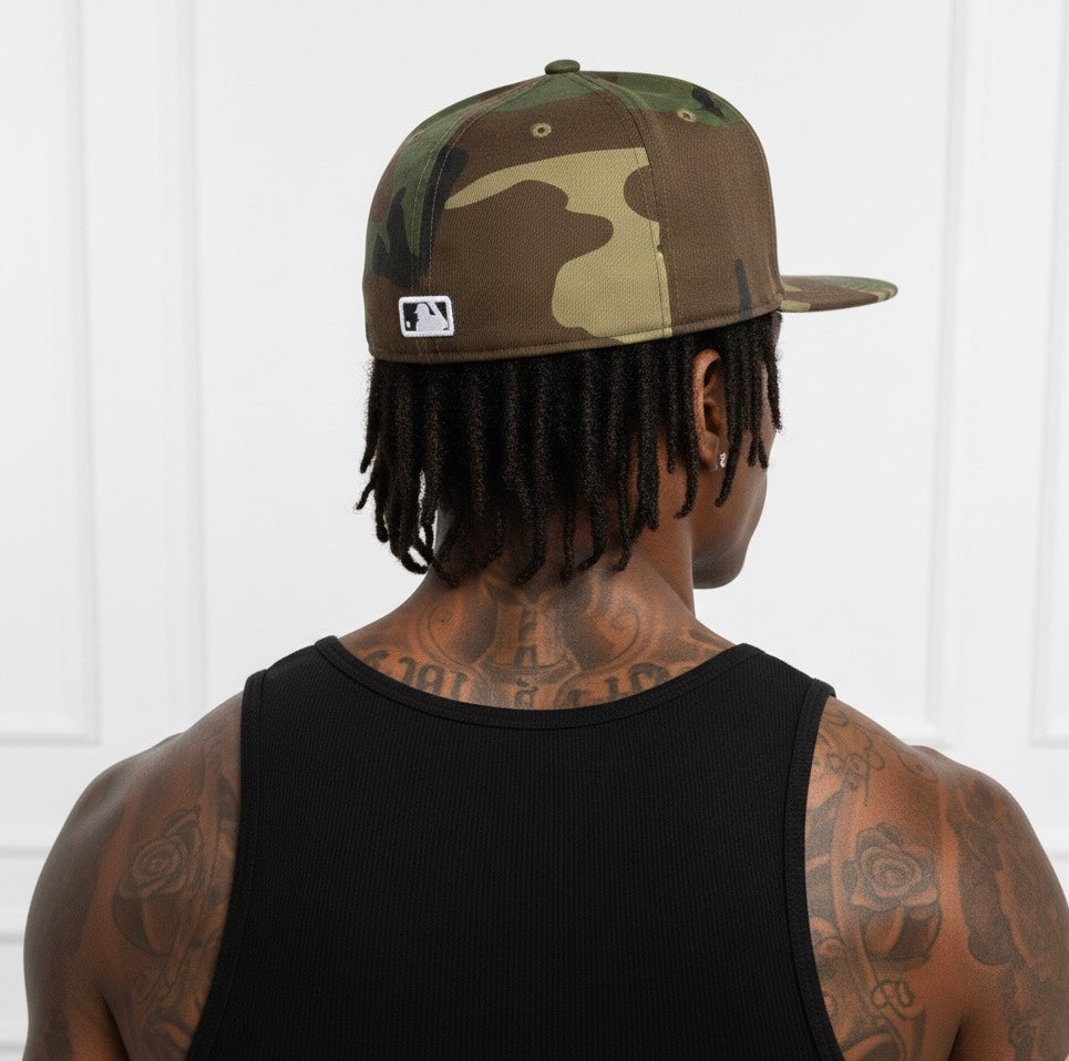 New Era Los Angeles Dodgers 9FIFTY snapback hat in a woodland camouflage pattern